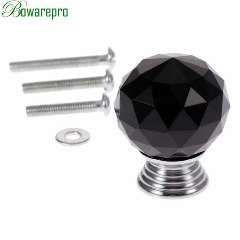 Bowarepro 30 мм черен диамант Crystal стъклена топка на дръжката издърпайте дръжката скрин на кабинета хардуер кухненски дръжка врати, 1 бр. + 3 бр. винтове
