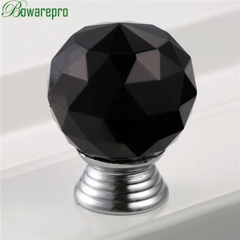 Bowarepro 30 мм черен диамант Crystal стъклена топка на дръжката издърпайте дръжката скрин на кабинета хардуер кухненски дръжка врати, 1 бр. + 3 бр. винтове